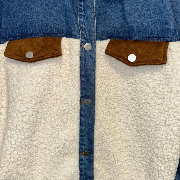 BiBi Women’s Blue Denim & Cream Sherpa Jean Jacket Size Small - Picture 9 of 16